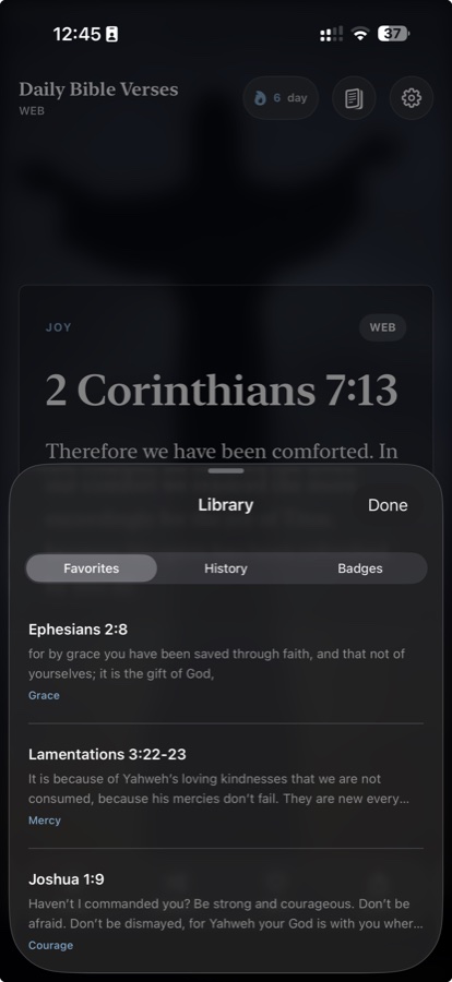 Daily Bible Verses library showing saved favorite verses.